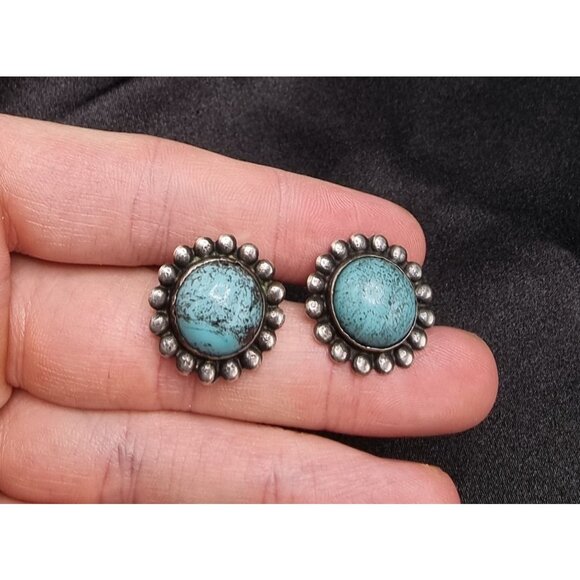Vintage Sterling Silver Turquoise Earrings With Floral Design Round Cabochon - Picture 5 of 5